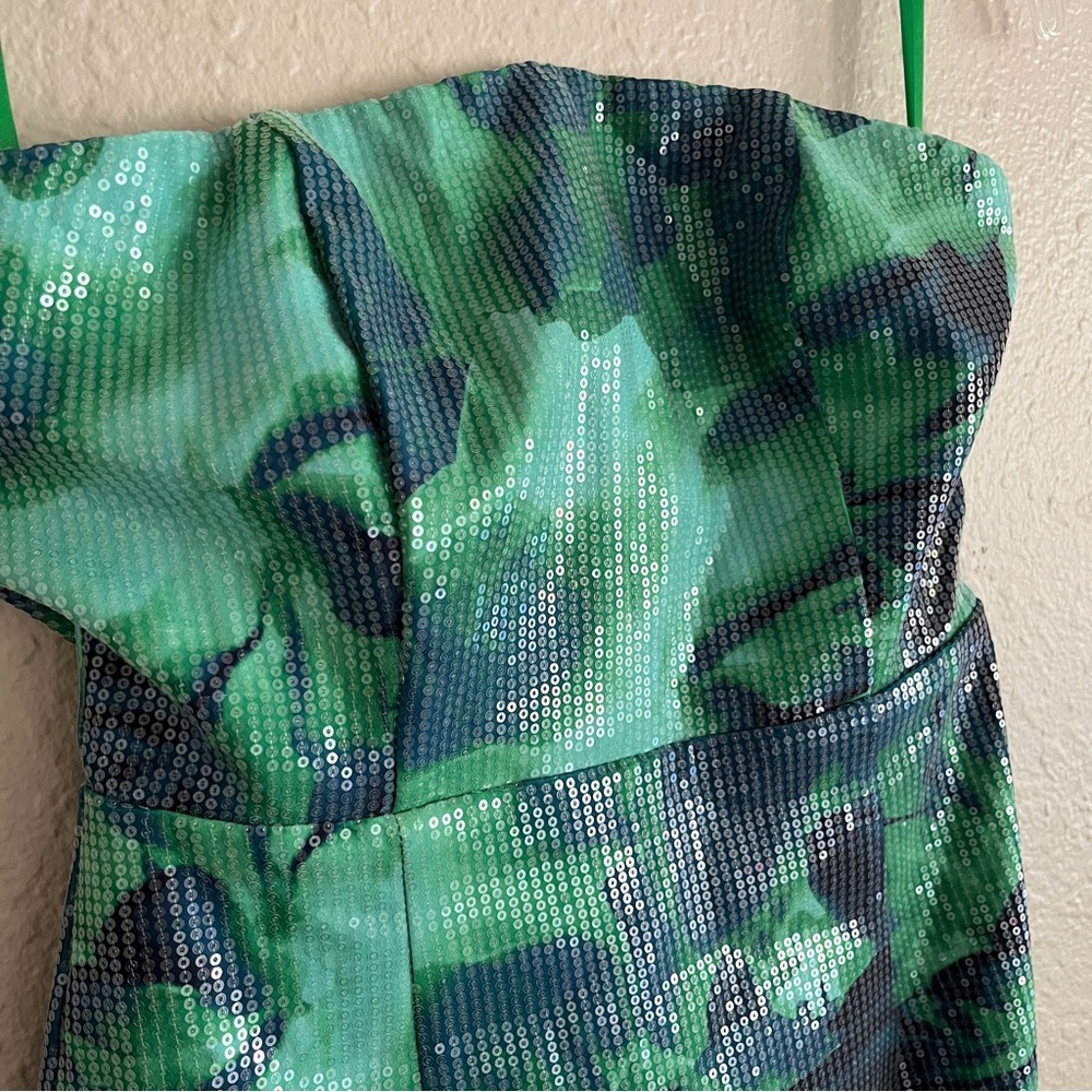 Strapless green and blue sequin floral dress - Picture 3 of 10